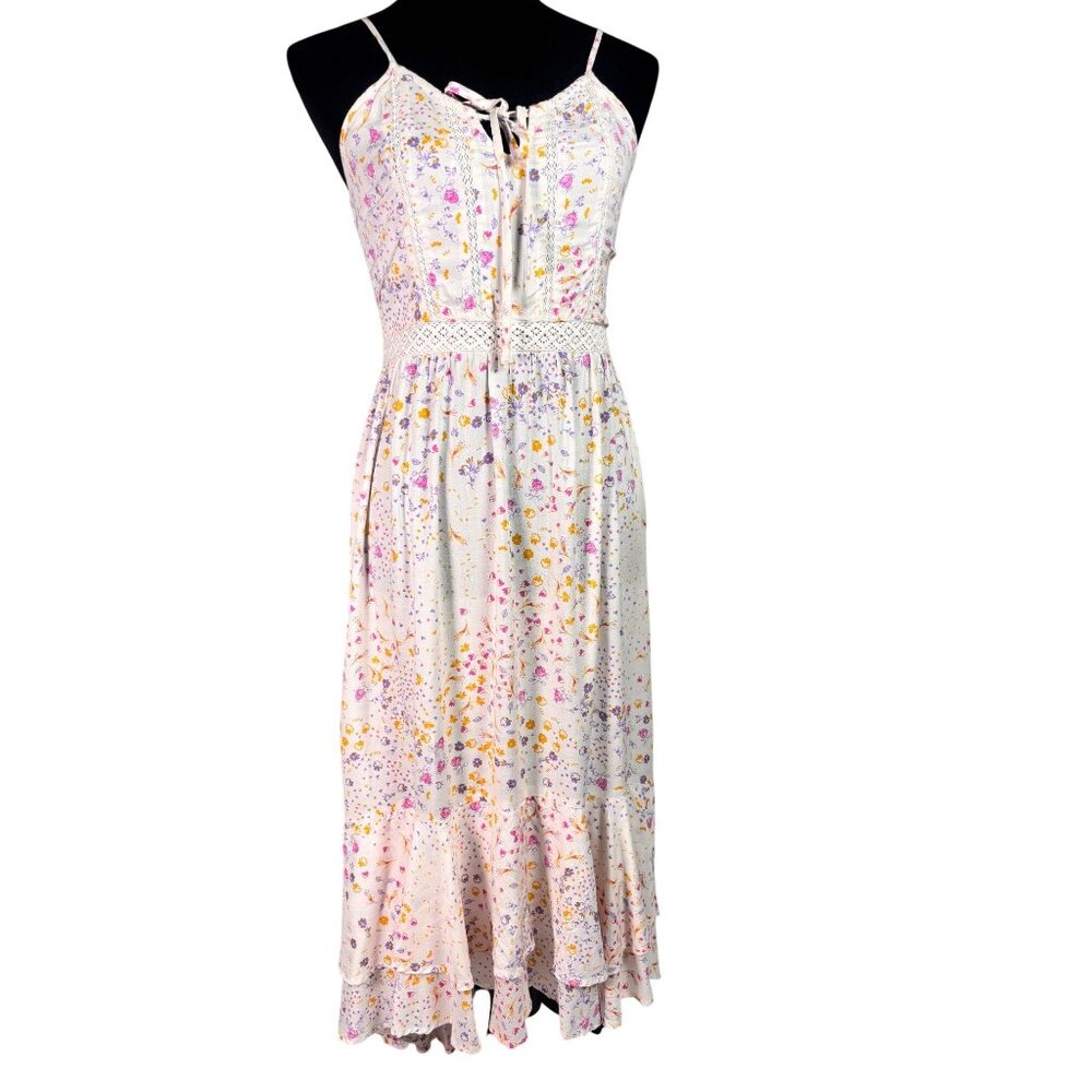 Japna Floral Maxi Dress Small - Boho Chic Cottagecore High-Low Ruffle Hem - Past - Picture 14 of 14